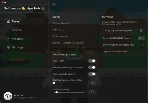 Sell Lemons script: Auto Upgrade, Auto Buy building [Apel Hub] script cover for Sell Lemons 🍋